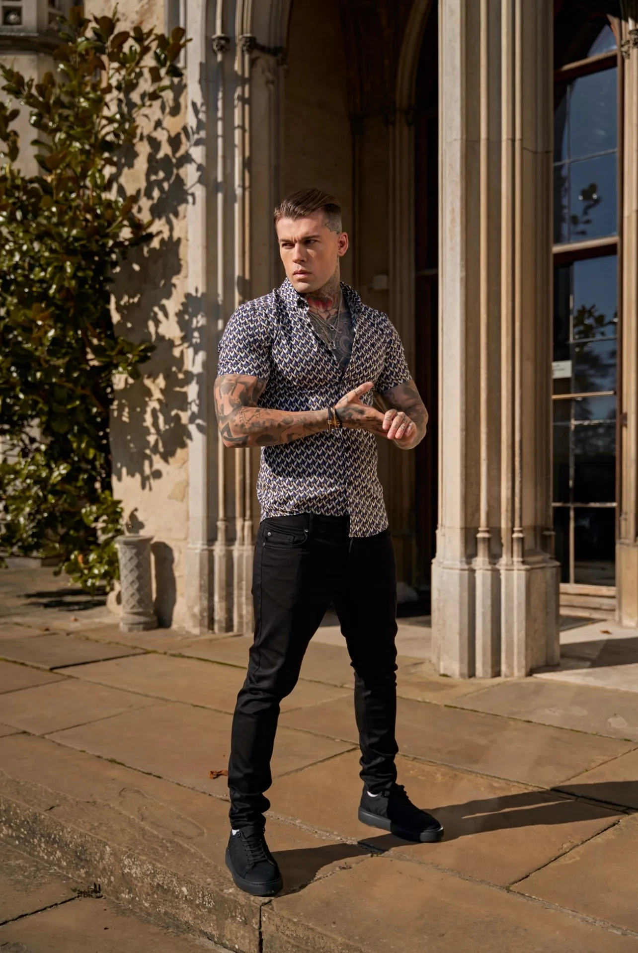 Father Sons Super Slim Stretch Blue / Beige Chevron Print Short Sleeve with Button Down Collar - FS903 sold by Father Sons product image thumbnail 5