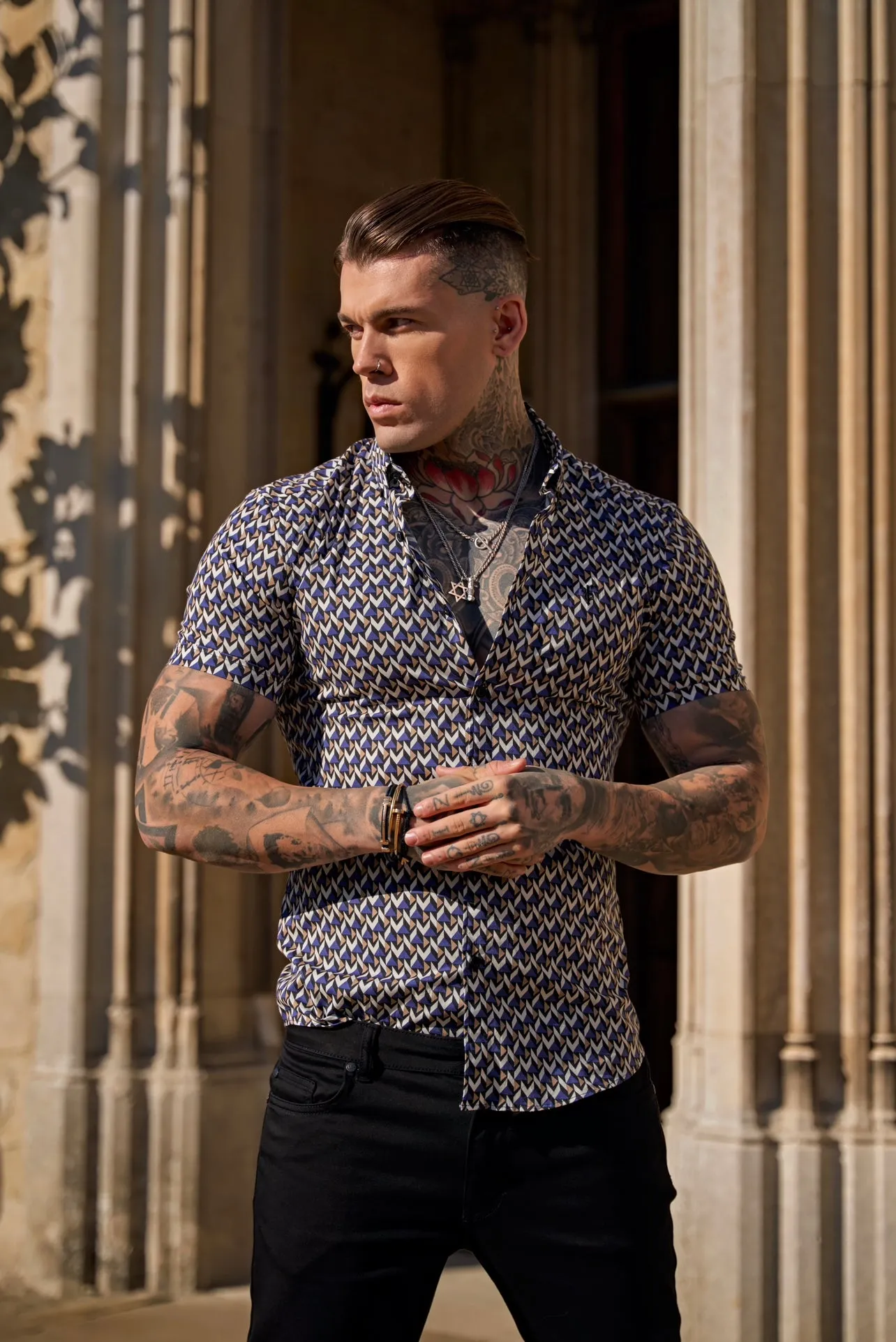 Father Sons Super Slim Stretch Blue / Beige Chevron Print Short Sleeve with Button Down Collar - FS903 sold by Father Sons product image thumbnail 2