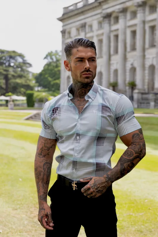 Father Sons Super Slim Stretch Aqua Check Print Short Sleeve with Button Down Collar - FS915 sold by Father Sons
