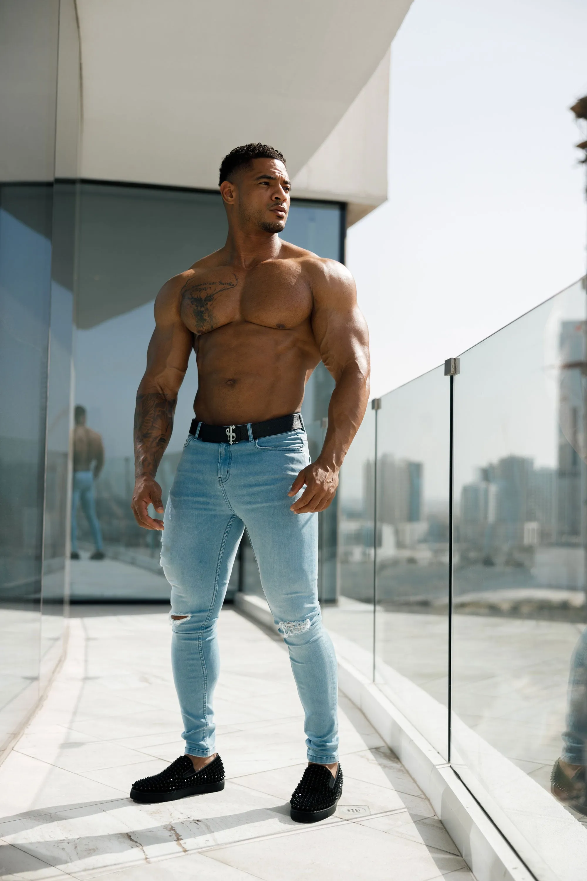 Father Sons Ultra Stretch Navy Bleached Slim Jeans with Knee Rips - FSJEAN005 sold by Father Sons