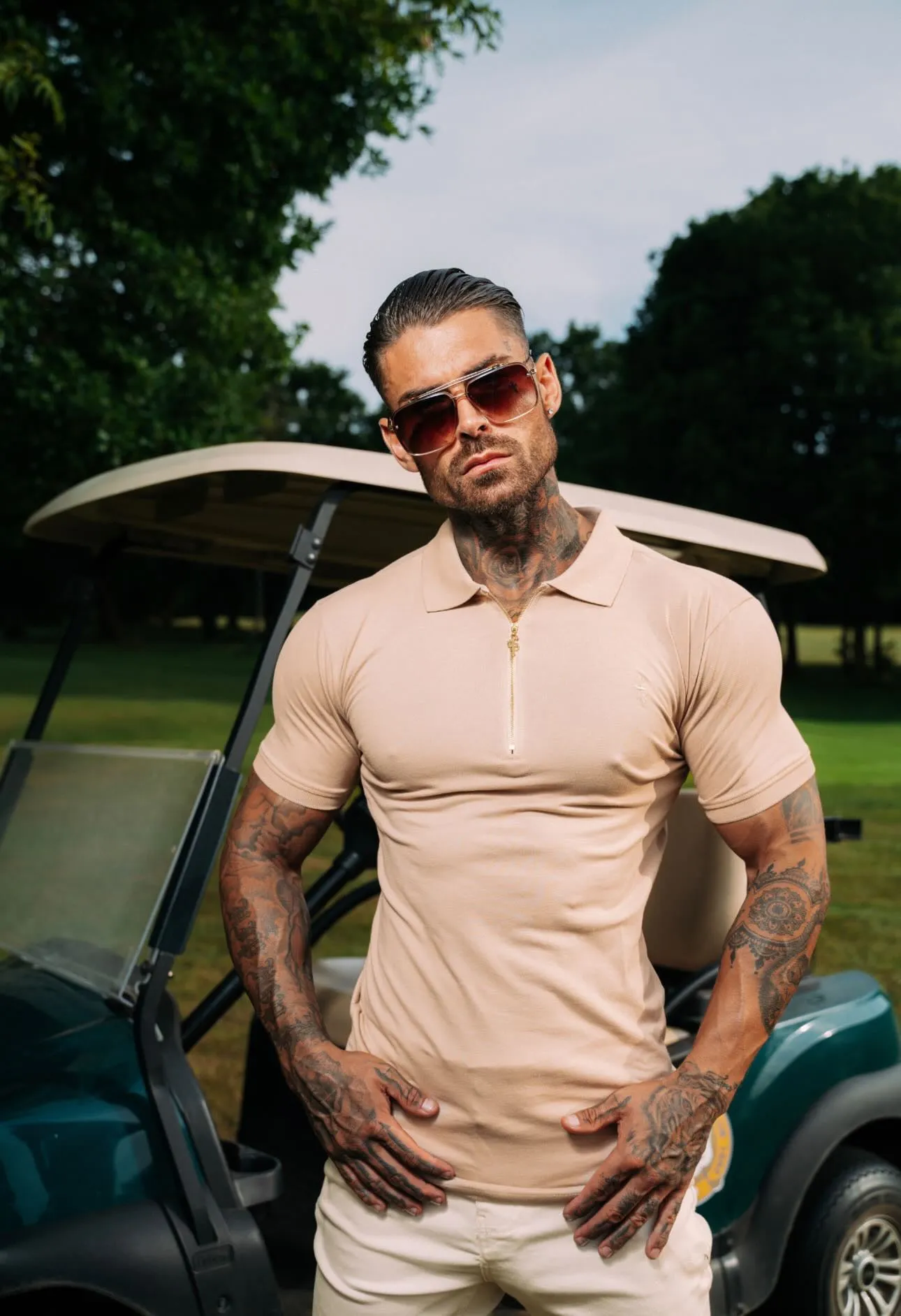 Classic Beige and Gold Zipped Polo Shirt - FSH811 sold by Father Sons product image thumbnail 5