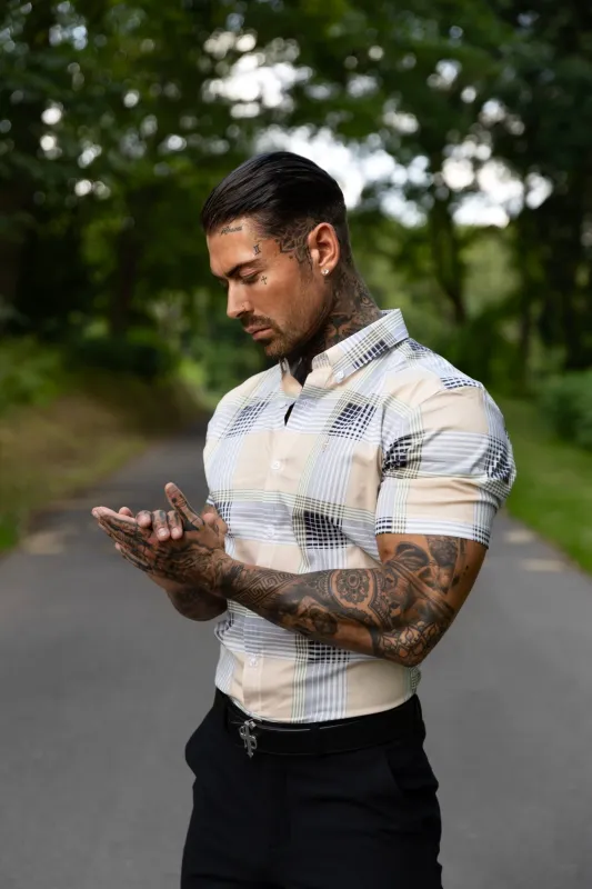 Father Sons Super Slim Stretch Peach / Grey Check Print Short Sleeve with Button Down Collar - FS900 sold by Father Sons