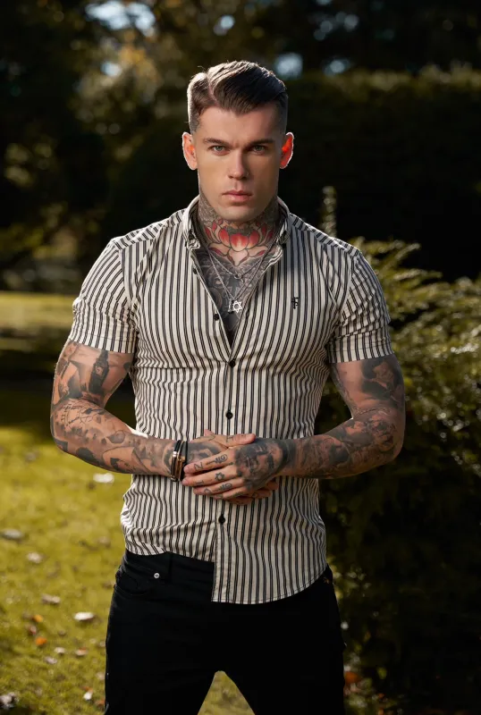 Father Sons Super Slim Stretch Cream / Black Double Stripe Print Short Sleeve with Button Down Collar - FS917 sold by Father Sons