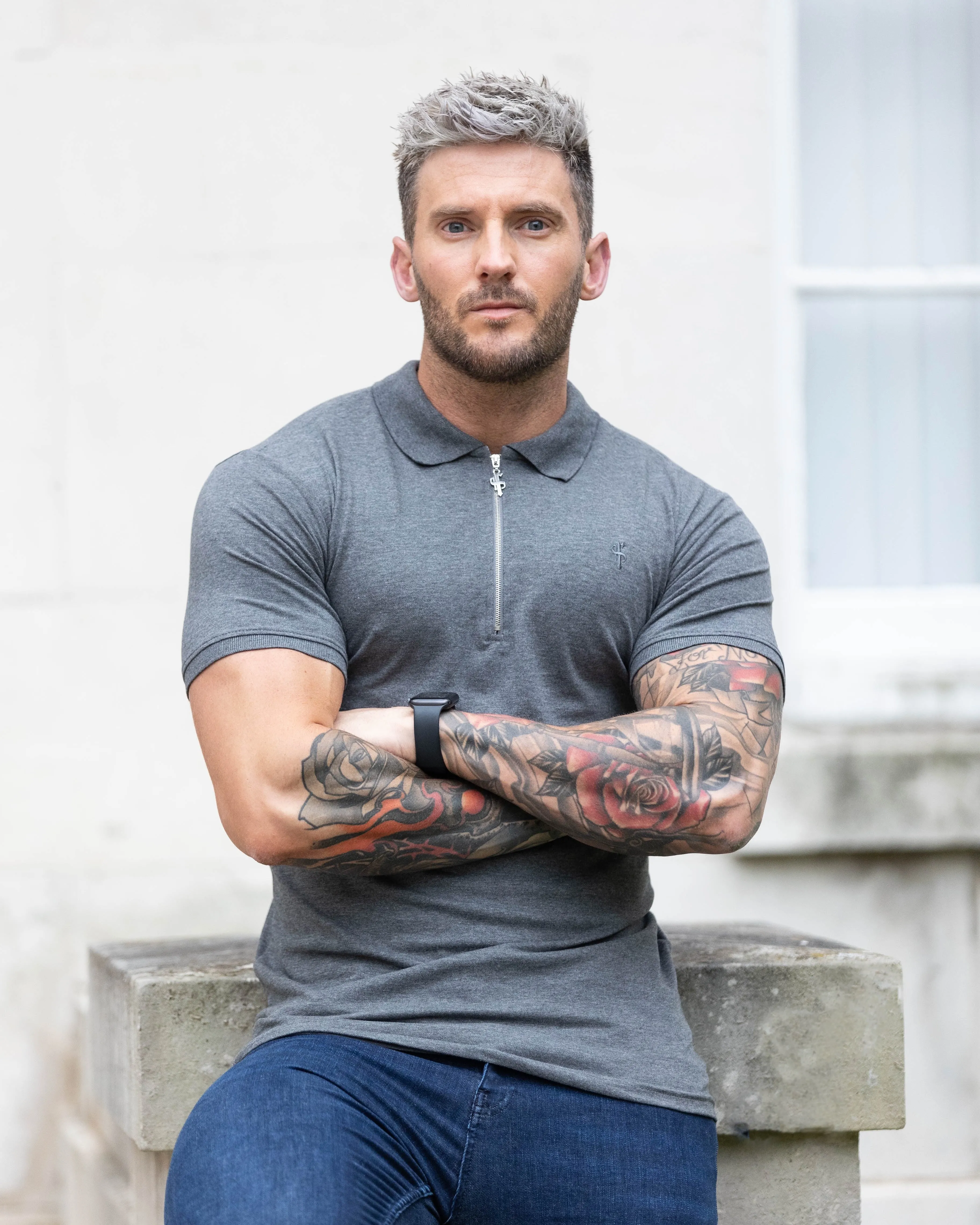 Classic Dark Grey and Silver Zipped Polo Shirt - FSH812 sold by Father Sons product image thumbnail 4