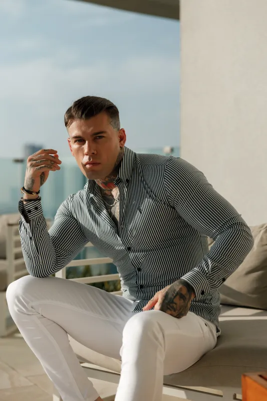 Father Sons Super Slim Stretch White / Navy Stripe Print Long Sleeve with Button Down Collar - FS918 sold by Father Sons