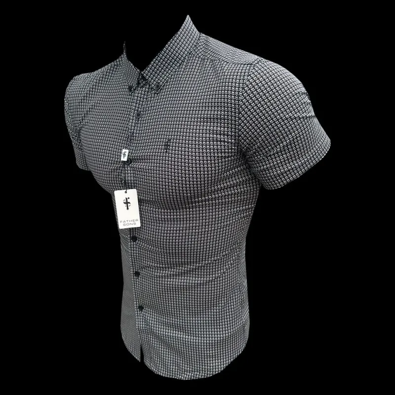 Father Sons Super Slim Stretch Black Vintage Ditsy Print Short Sleeve with Button Down Collar - FS909 sold by Father Sons
