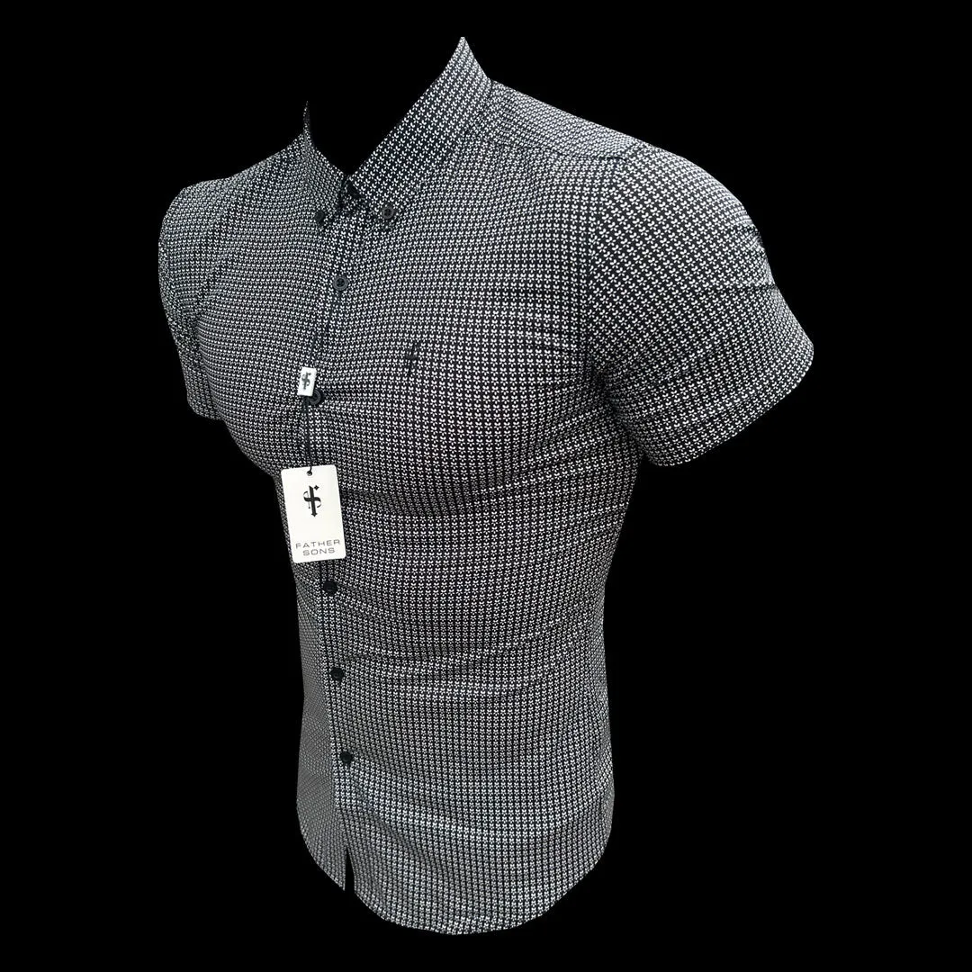 Father Sons Super Slim Stretch Black Vintage Ditsy Print Short Sleeve with Button Down Collar - FS909 sold by Father Sons