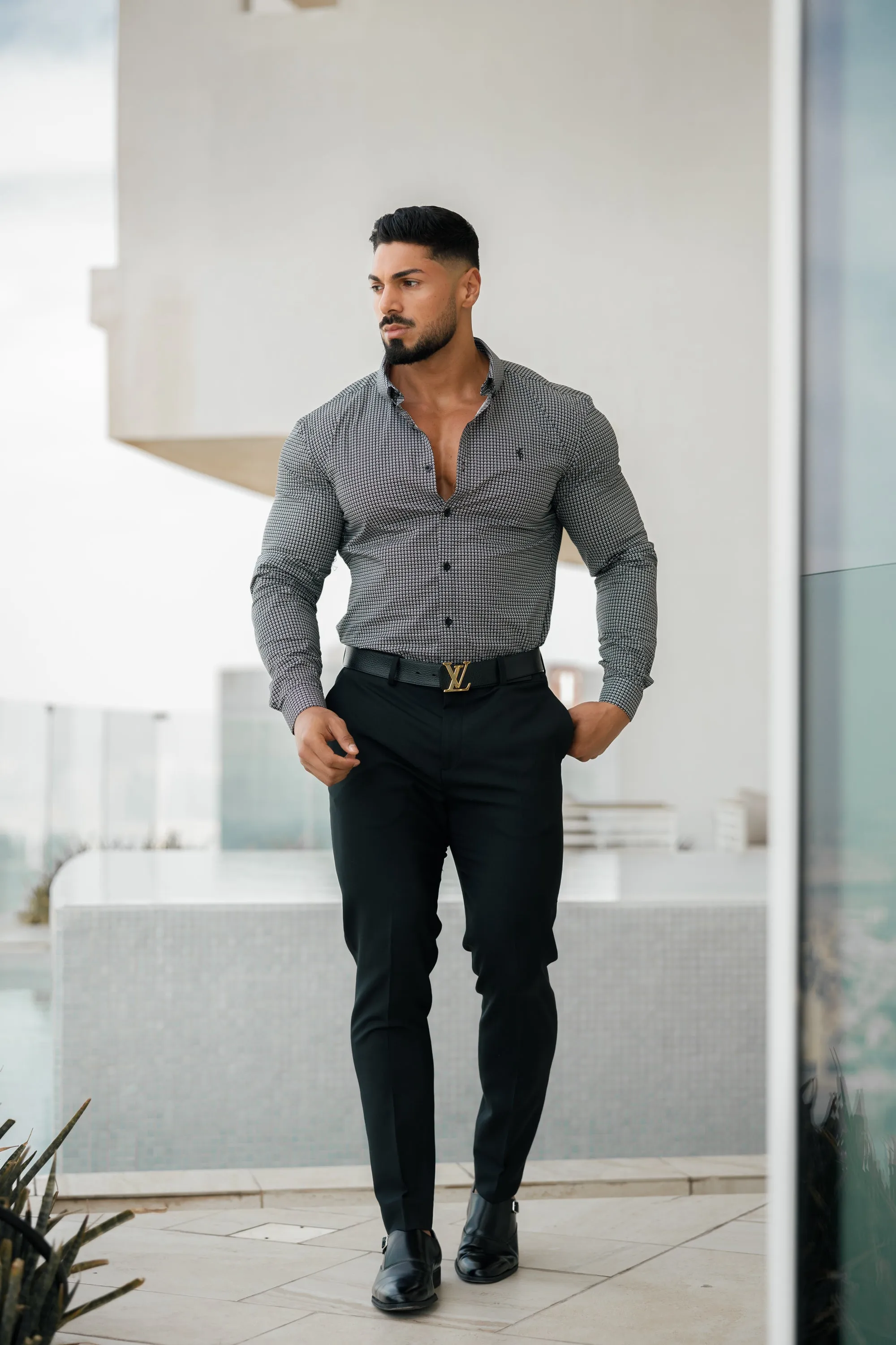 Super Slim Stretch Black Vintage Ditsy Print Long Sleeve with Button Down Collar - FS908 sold by Father Sons product image thumbnail 2