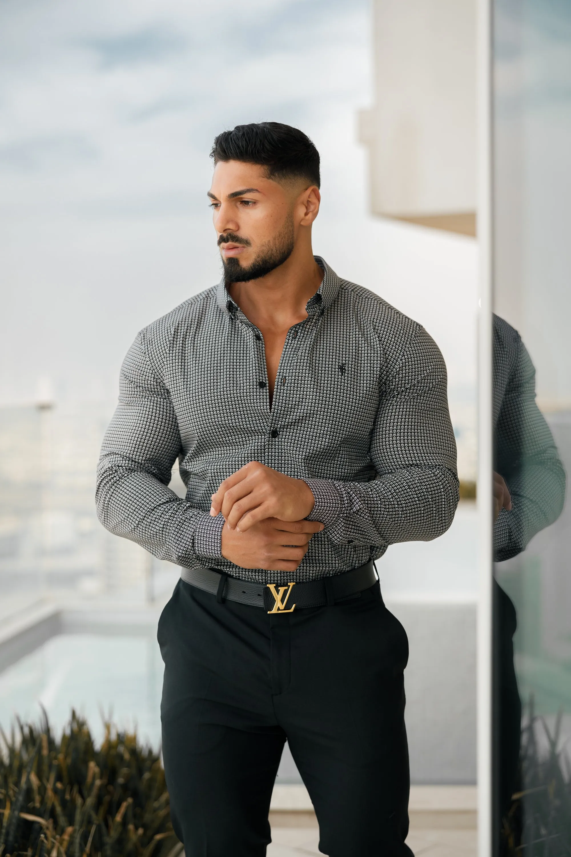 Super Slim Stretch Black Vintage Ditsy Print Long Sleeve with Button Down Collar - FS908 sold by Father Sons