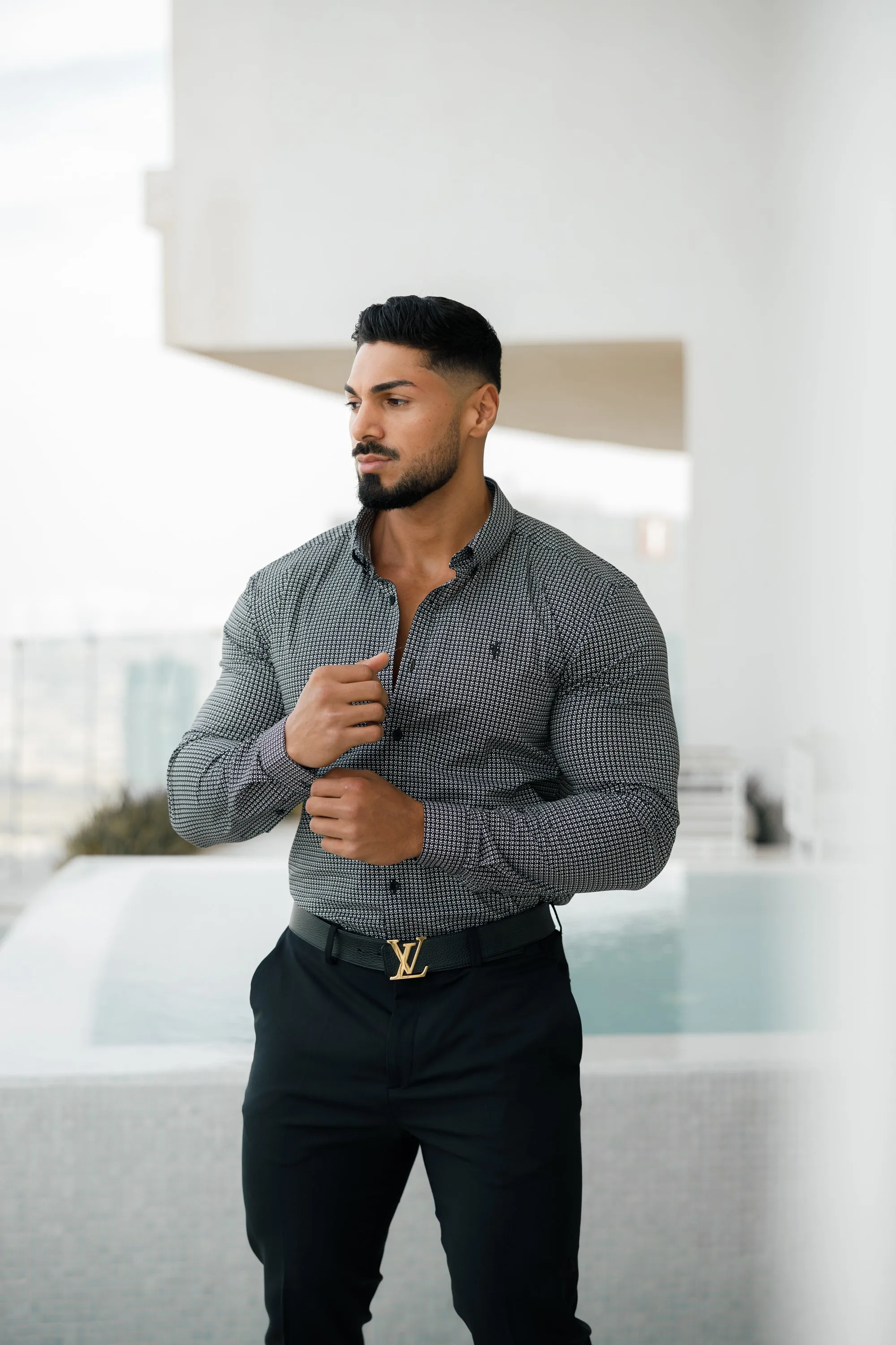 Super Slim Stretch Black Vintage Ditsy Print Long Sleeve with Button Down Collar - FS908 sold by Father Sons product image thumbnail 3