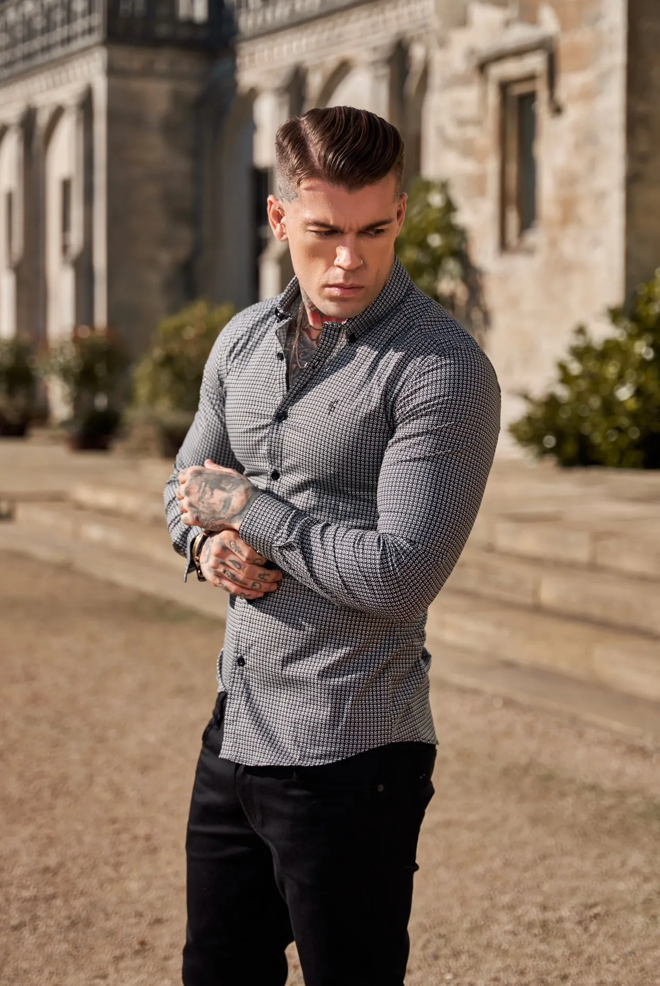 Super Slim Stretch Black Vintage Ditsy Print Long Sleeve with Button Down Collar - FS908 sold by Father Sons product image thumbnail 5