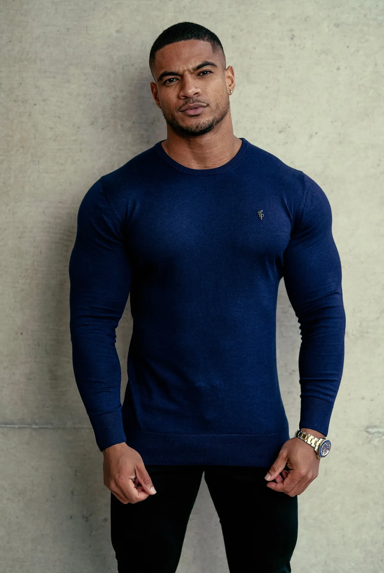 Father Sons Classic Navy Crew Neck Knitted Sweater with Gunmetal Emblem - FSH669 sold by Father Sons