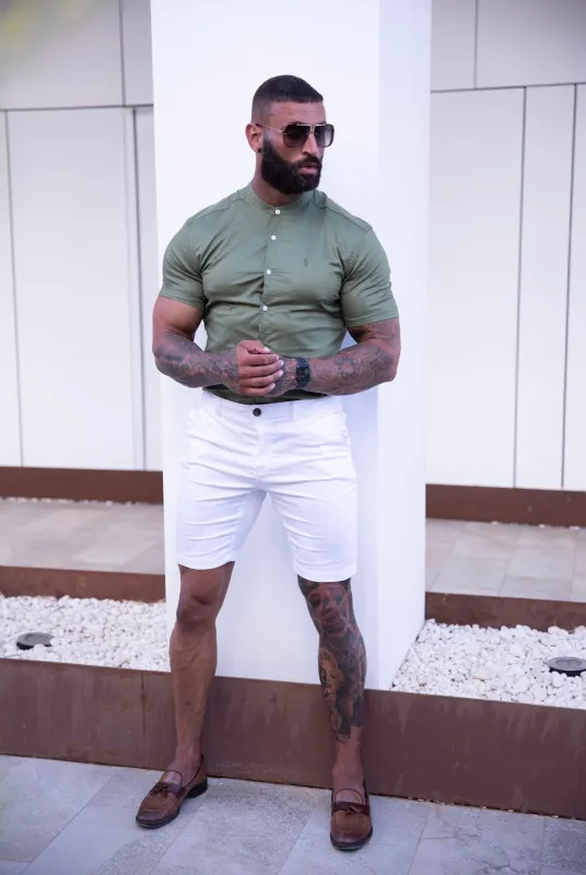 Father Sons Super Slim Luxe Ultra Stretch Khaki Short Sleeve with Grandad Collar -  FS781 sold by Father Sons