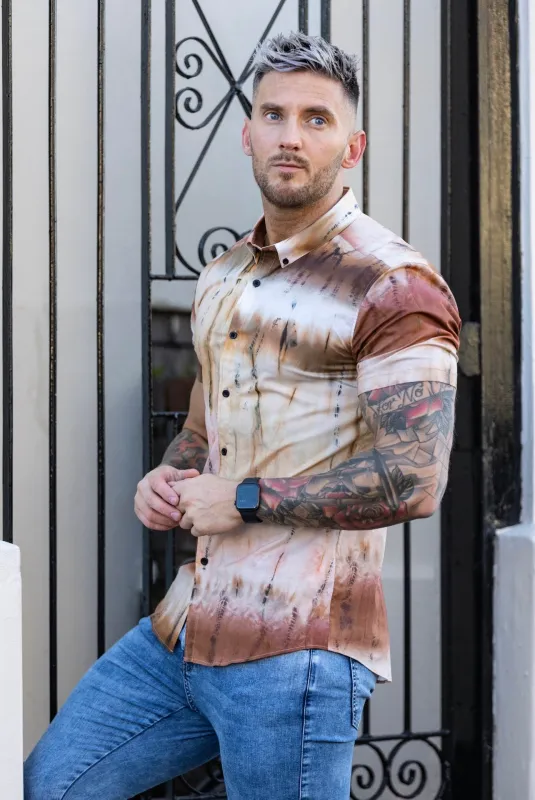 Father Sons Super Slim Stretch Neutral Tie Dye Print Short Sleeve with Button Down Collar - FS813 sold by Father Sons
