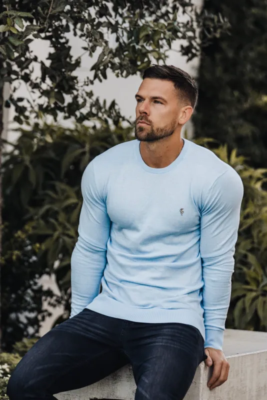 Father Sons Classic Sky Blue Light Weight Knitted Crew Neck Sweater with Metal Decal - FSN092 sold by Father Sons
