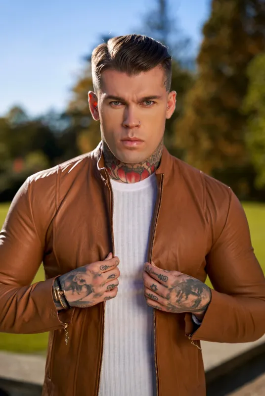 Father Sons Tan Lambs Leather Jacket with Gold Zips - FSH793 sold by Father Sons