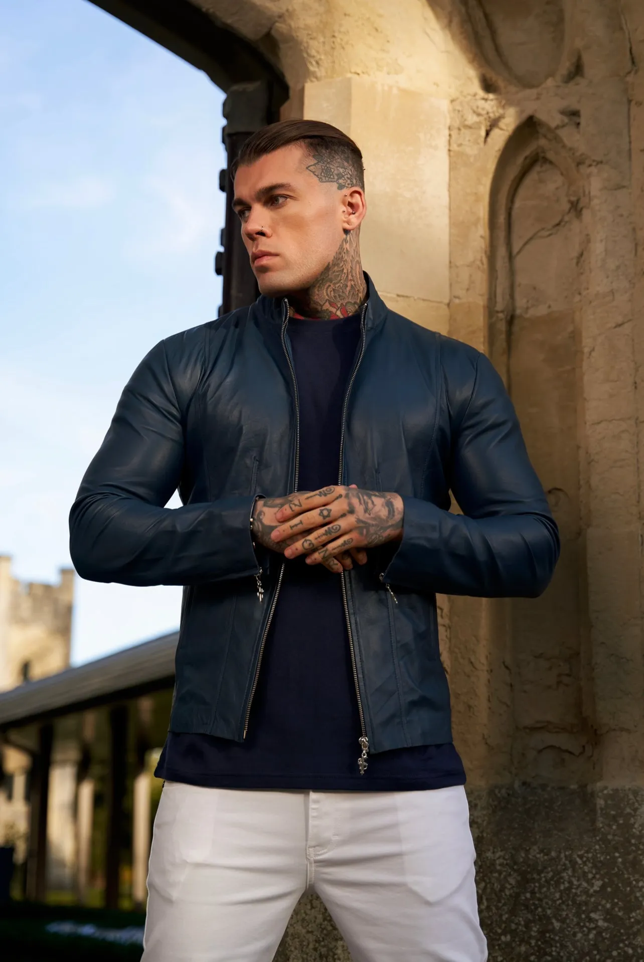 Navy Lambs Leather Jacket with Silver Zips - FSH790 sold by Father Sons