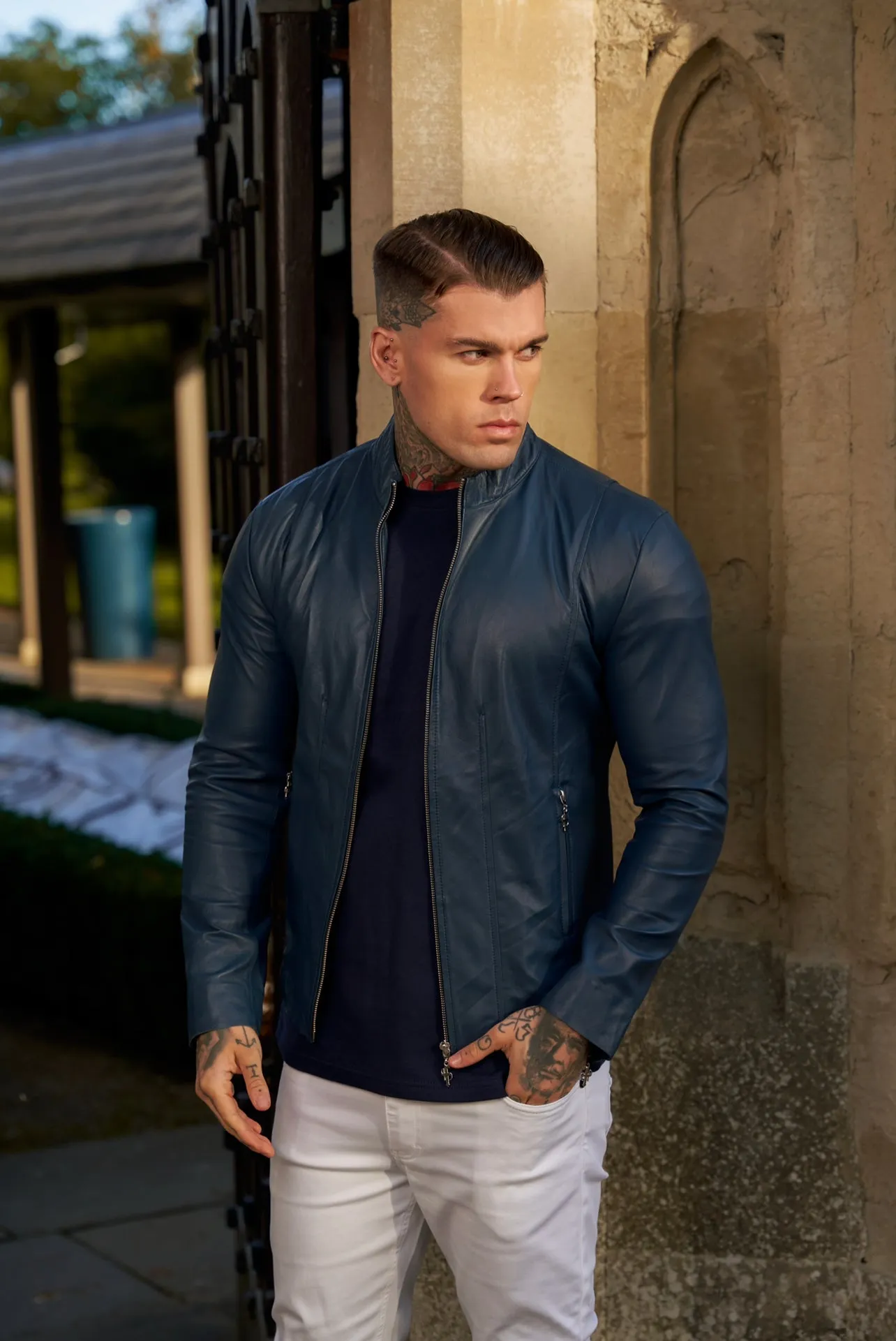 Navy Lambs Leather Jacket with Silver Zips - FSH790 sold by Father Sons product image thumbnail 2