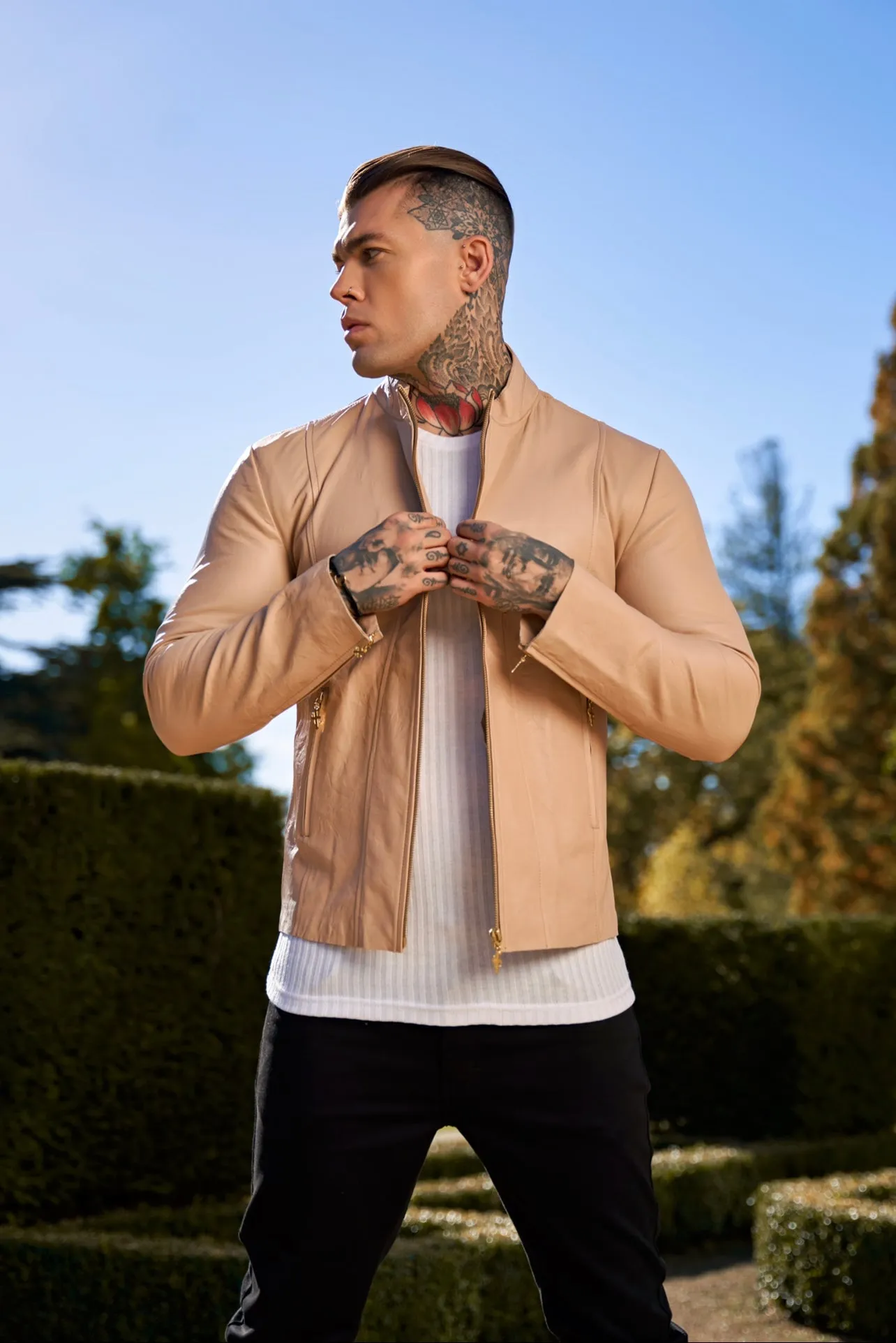 Cream Lambs Leather Jacket with Gold Zips - FSH792 sold by Father Sons