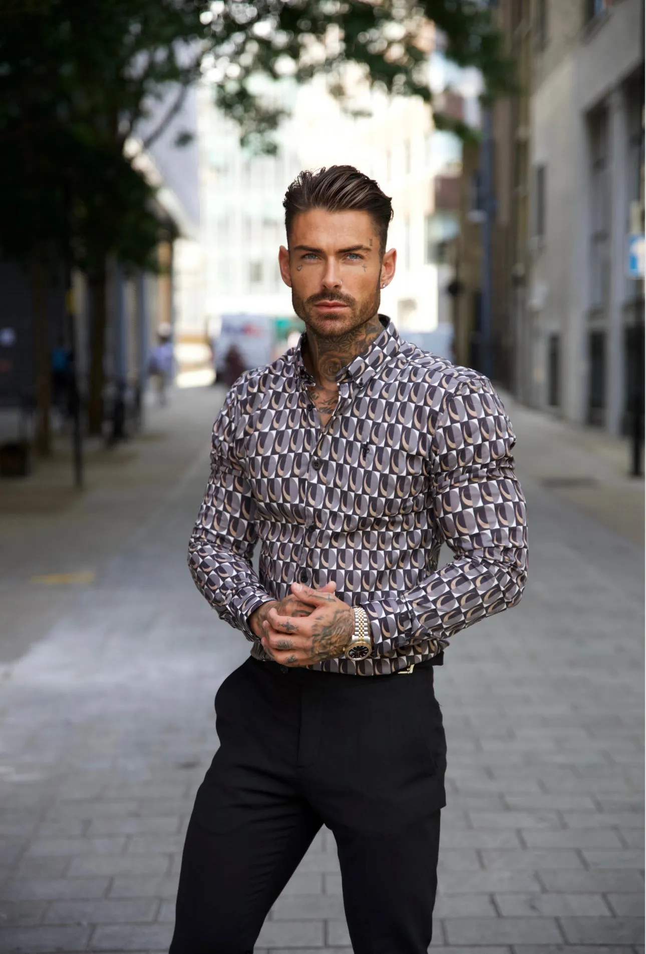 Super Slim Stretch Black Multi Retro Print Long Sleeve with Button Down Collar - FS910 sold by Father Sons