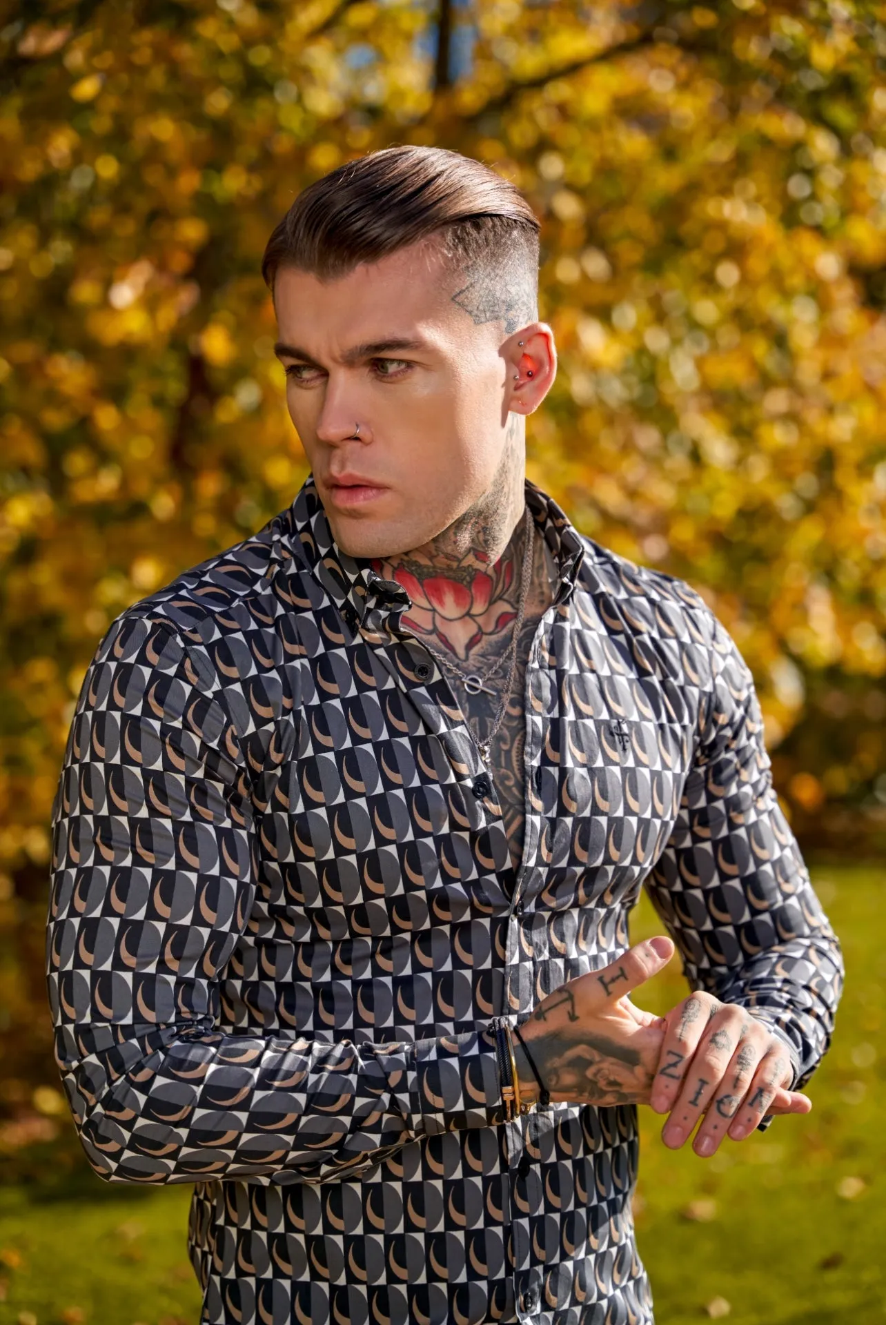 Super Slim Stretch Black Multi Retro Print Long Sleeve with Button Down Collar - FS910 sold by Father Sons product image thumbnail 2