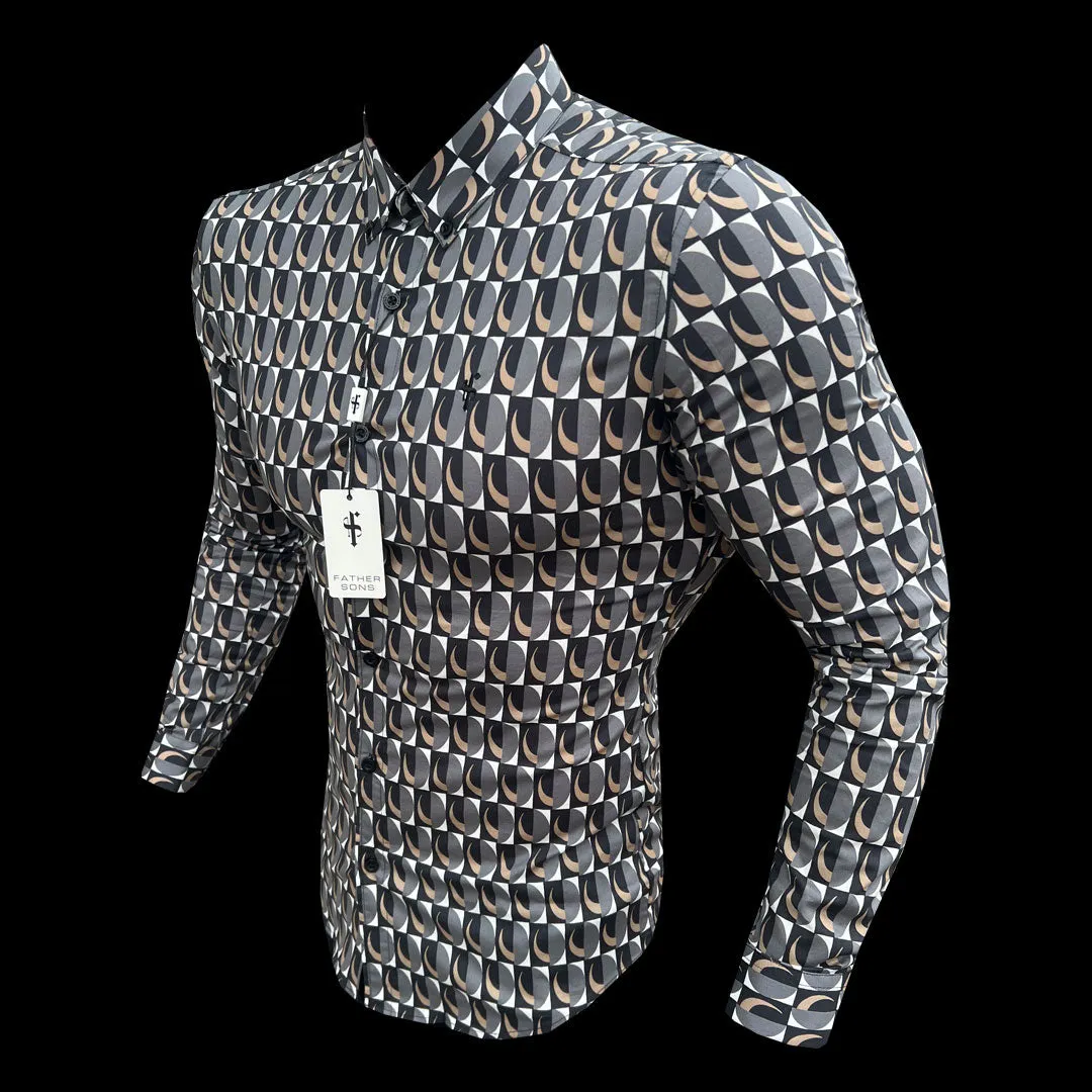 Super Slim Stretch Black Multi Retro Print Long Sleeve with Button Down Collar - FS910 sold by Father Sons product image thumbnail 5