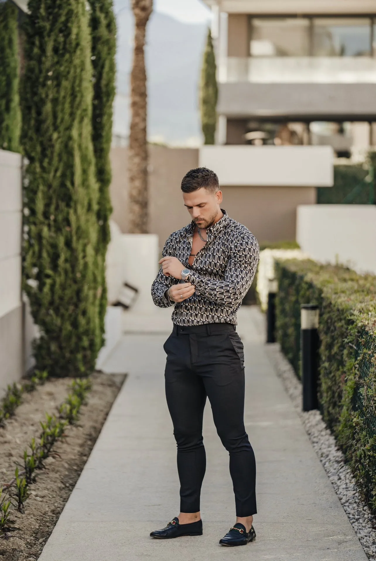 Super Slim Stretch Black Multi Retro Print Long Sleeve with Button Down Collar - FS910 sold by Father Sons product image thumbnail 4