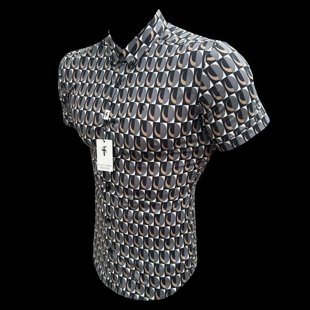 Super Slim Stretch Black Multi Retro Print Short Sleeve with Button Down Collar - FS911 sold by Father Sons product image thumbnail 2
