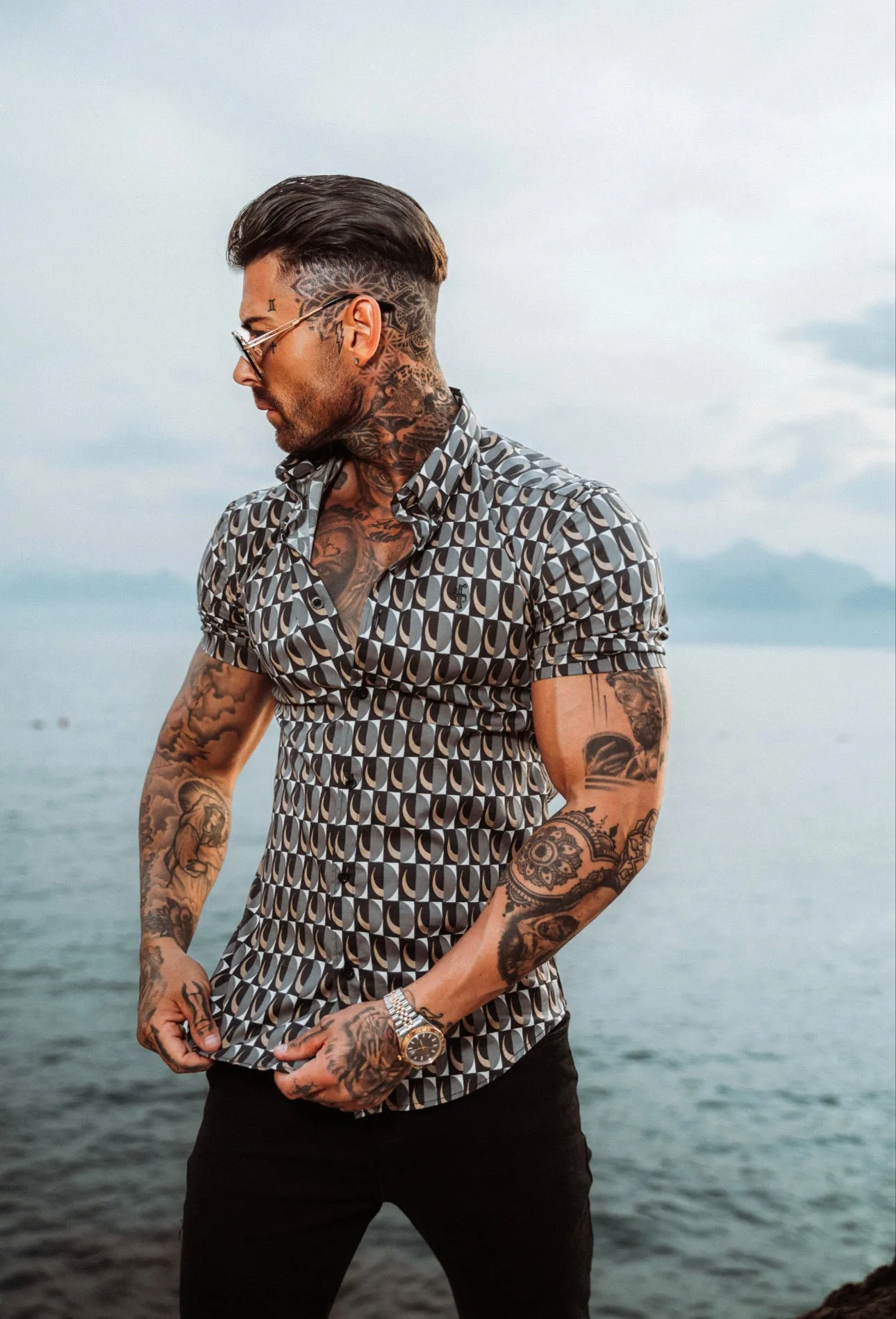 Super Slim Stretch Black Multi Retro Print Short Sleeve with Button Down Collar - FS911 sold by Father Sons