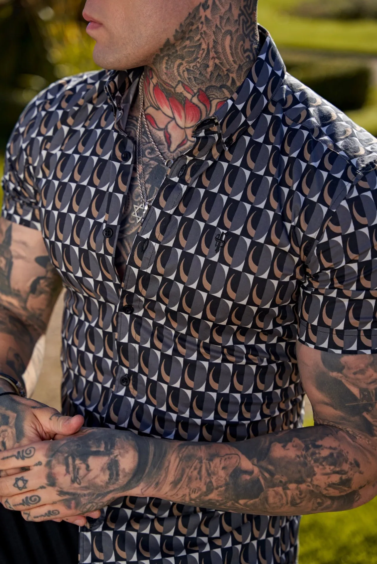 Super Slim Stretch Black Multi Retro Print Short Sleeve with Button Down Collar - FS911 sold by Father Sons product image thumbnail 5