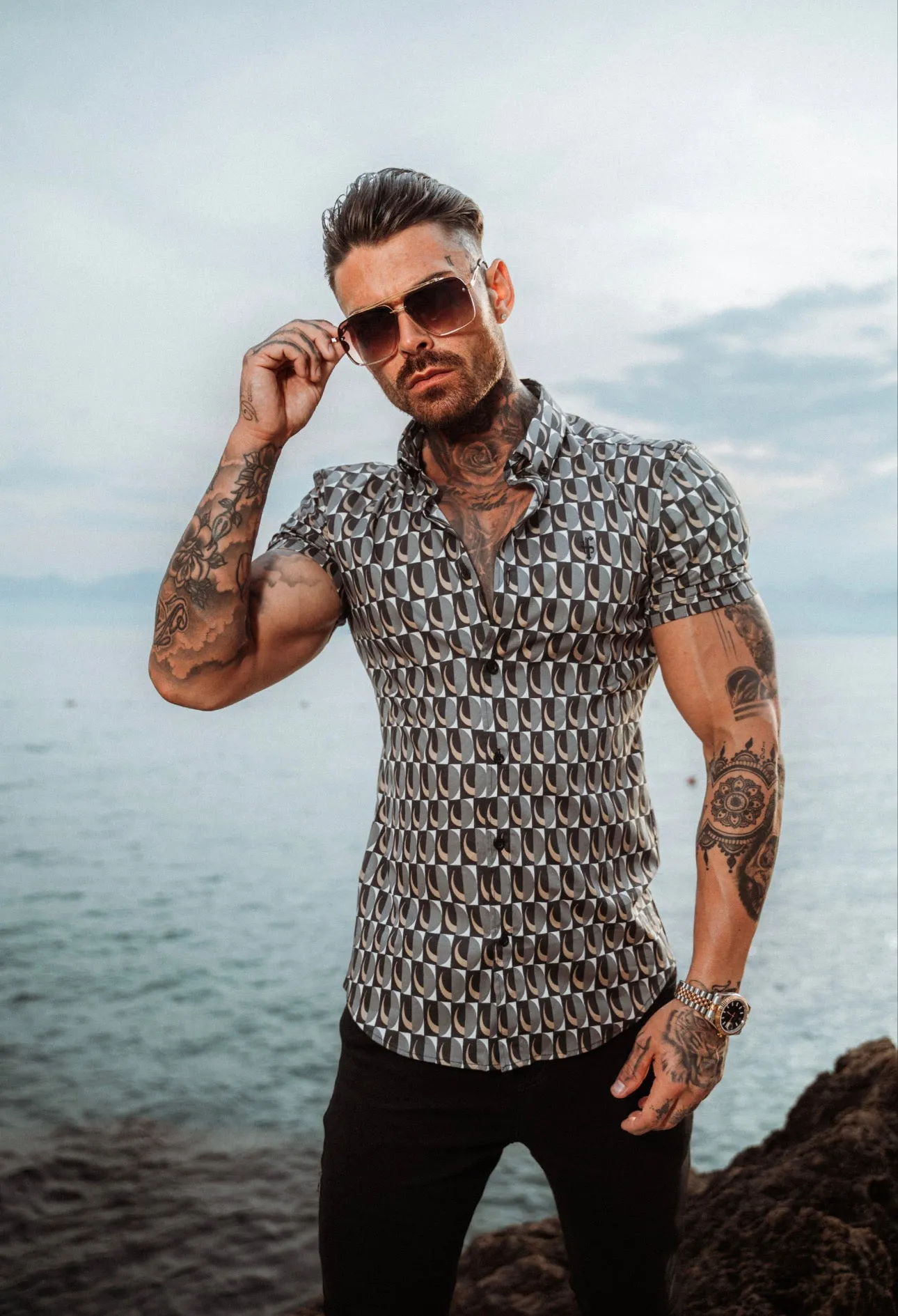 Super Slim Stretch Black Multi Retro Print Short Sleeve with Button Down Collar - FS911 sold by Father Sons product image thumbnail 3