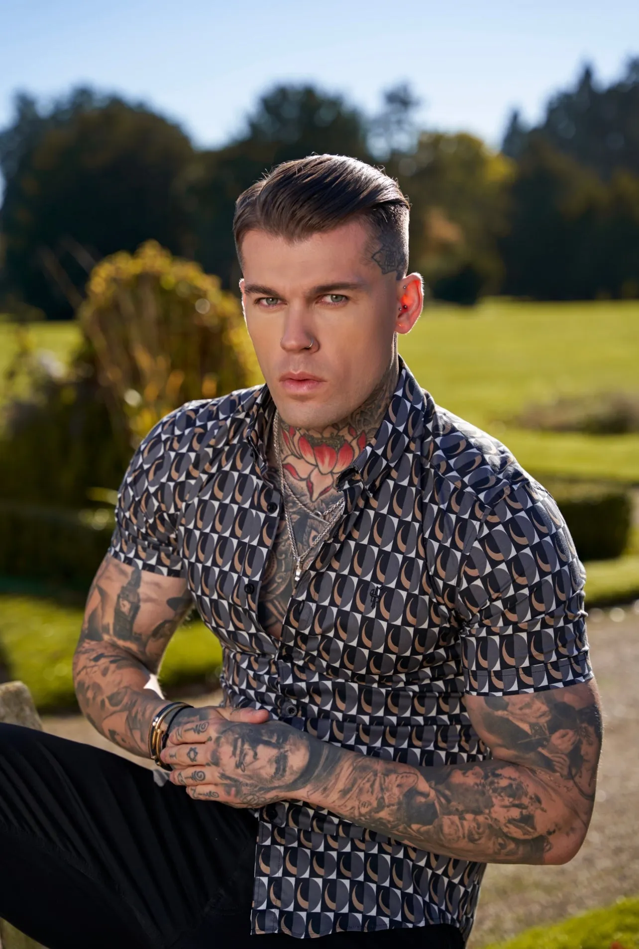 Super Slim Stretch Black Multi Retro Print Short Sleeve with Button Down Collar - FS911 sold by Father Sons product image thumbnail 4