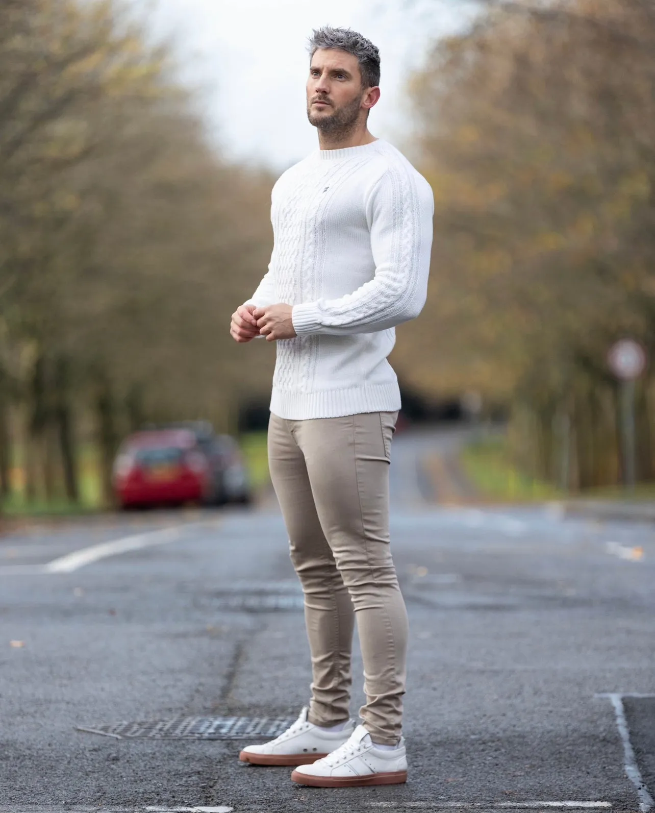 Father Sons Off White Knitted Cable Saddle Crew Super Slim Sweater With Metal Decal - FSN075 sold by Father Sons product image thumbnail 5