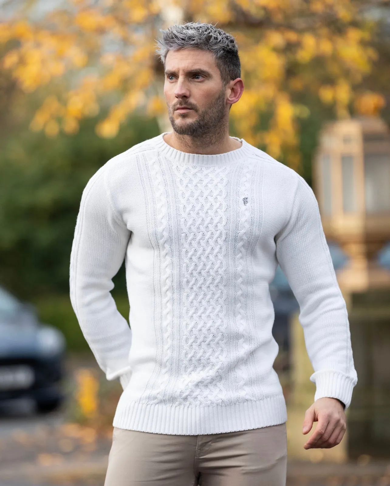 Father Sons Off White Knitted Cable Saddle Crew Super Slim Sweater With Metal Decal - FSN075 sold by Father Sons product image thumbnail 3