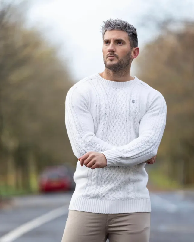 Father Sons Off White Knitted Cable Saddle Crew Super Slim Sweater With Metal Decal - FSN075 sold by Father Sons
