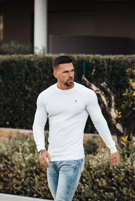 Father Sons Off White Knitted Honeycomb Raglan Crew Super Slim Sweater With Metal Decal - FSN061 sold by Father Sons