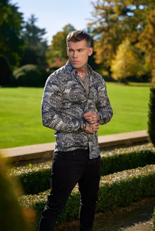 Father Sons Super Slim Stretch Grey / Black Peacock Print Long Sleeve with Button Down Collar - FS912 sold by Father Sons