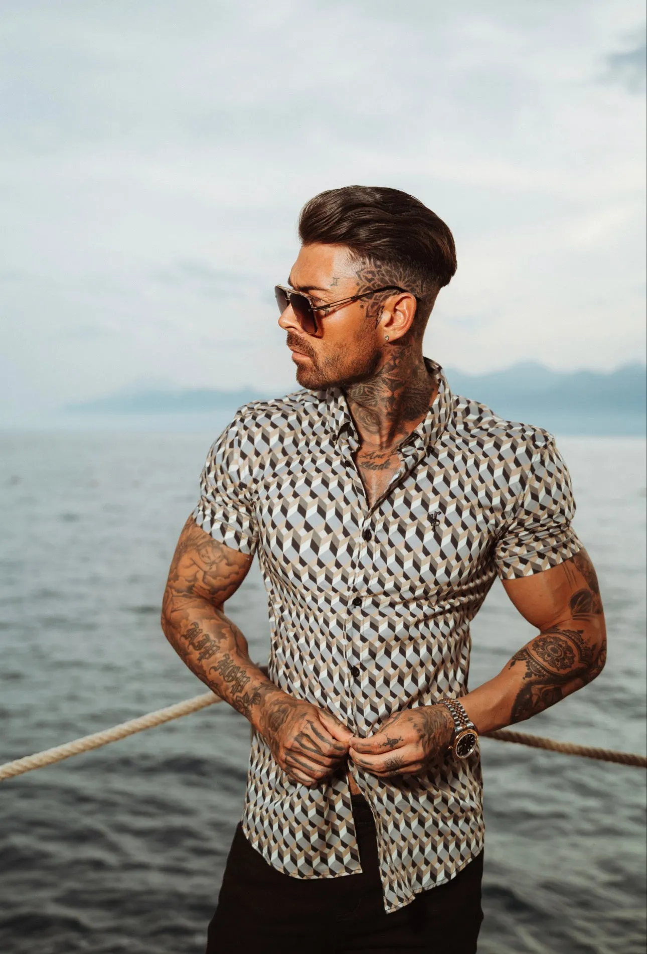 Father Sons Super Slim Stretch Grey / Beige Chevron Print Short Sleeve with Button Down Collar - FS905 sold by Father Sons product image thumbnail 2