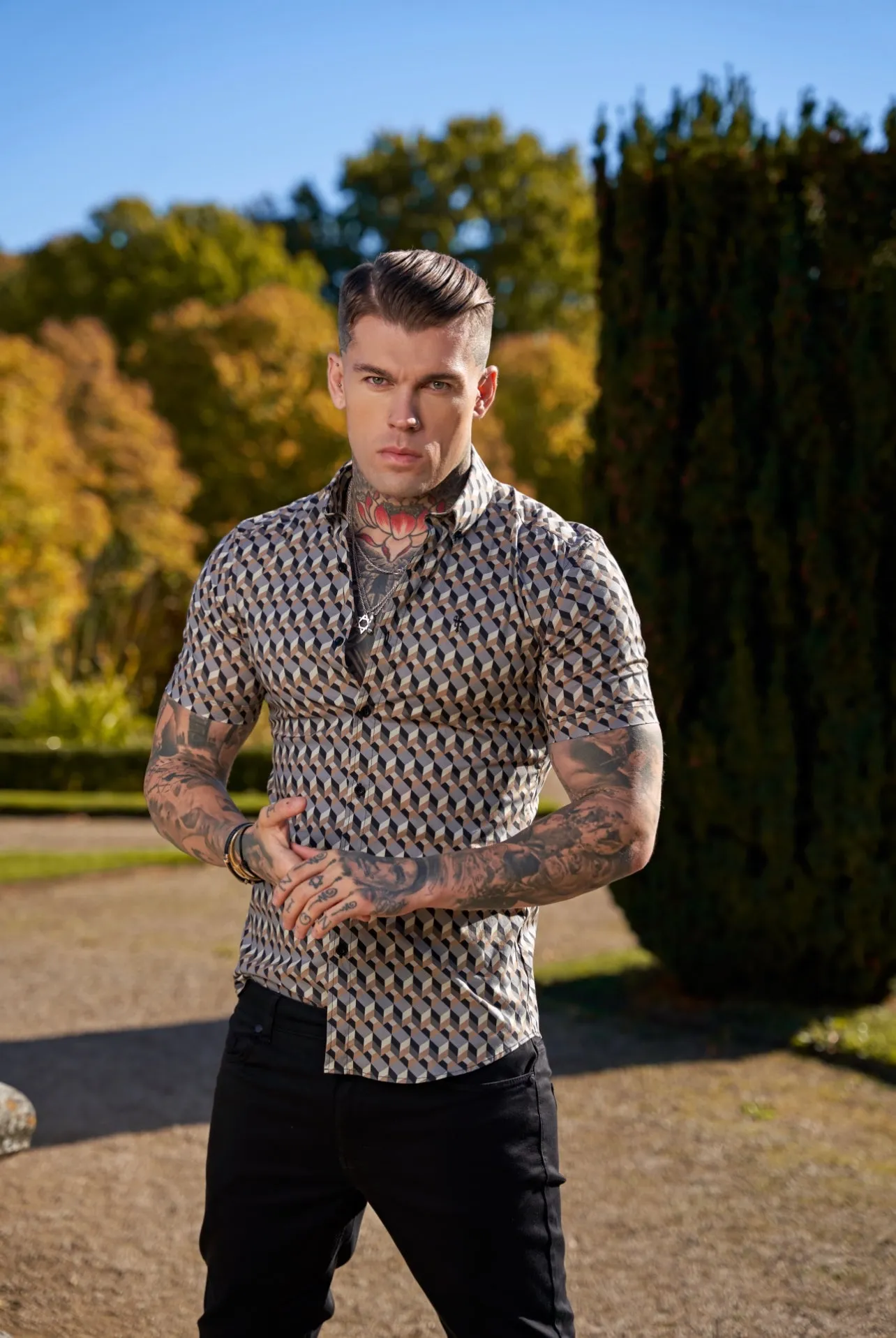 Father Sons Super Slim Stretch Grey / Beige Chevron Print Short Sleeve with Button Down Collar - FS905 sold by Father Sons product image thumbnail 4