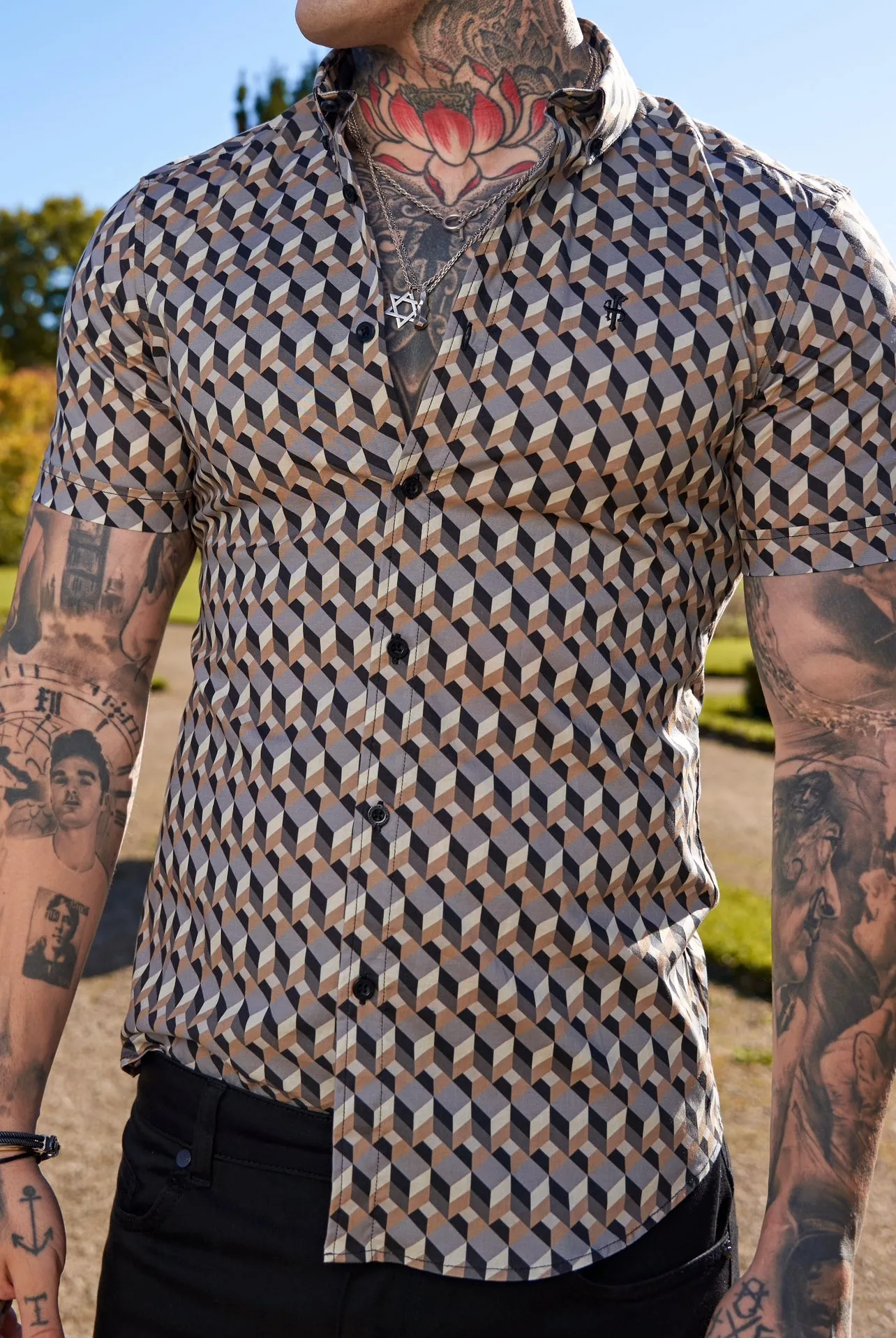 Father Sons Super Slim Stretch Grey / Beige Chevron Print Short Sleeve with Button Down Collar - FS905 sold by Father Sons product image thumbnail 5