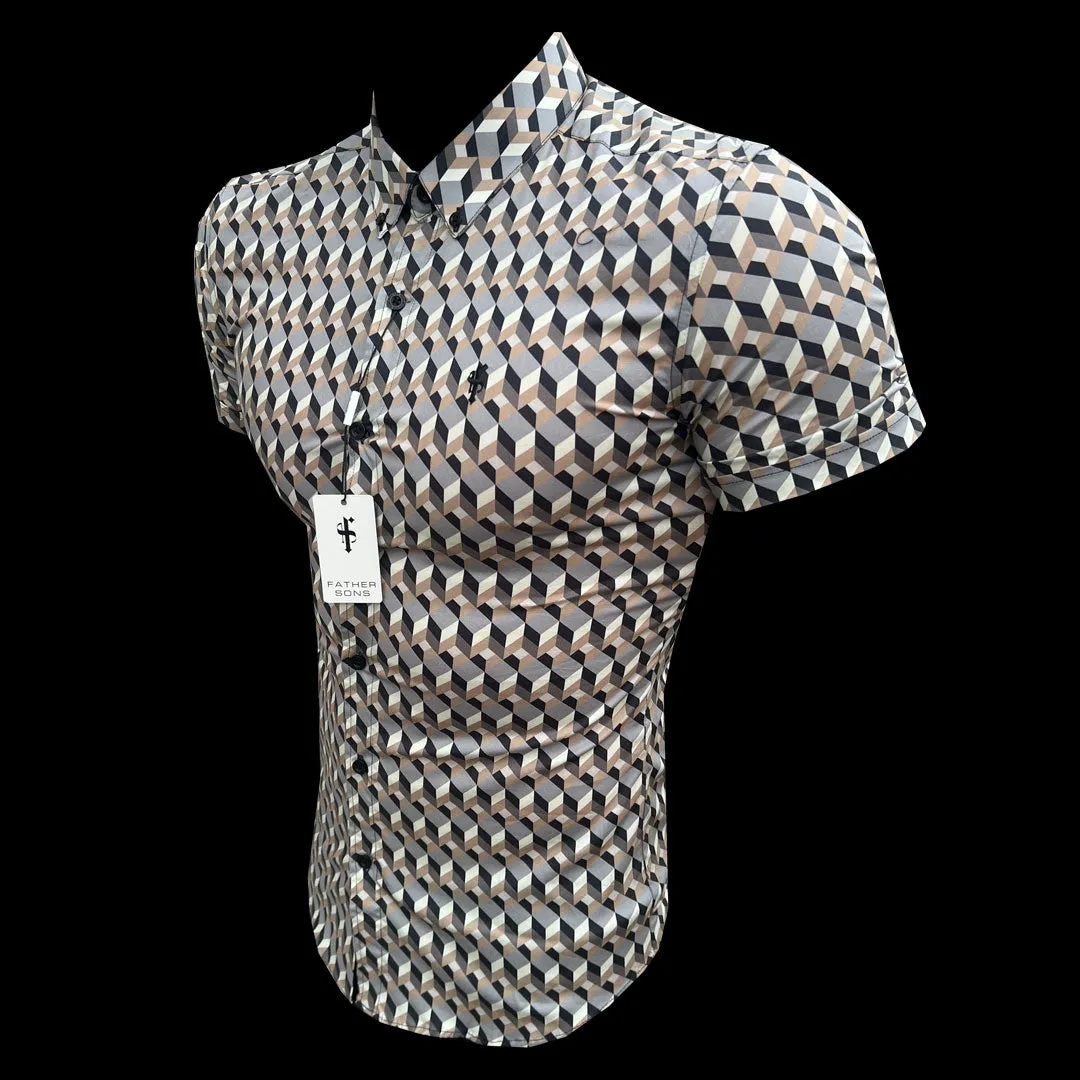 Father Sons Super Slim Stretch Grey / Beige Chevron Print Short Sleeve with Button Down Collar - FS905 sold by Father Sons product image thumbnail 3