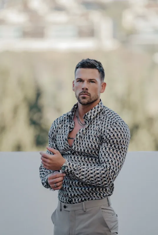 Father Sons Super Slim Stretch Grey / Beige Chevron Print Long Sleeve with Button Down Collar - FS904 sold by Father Sons