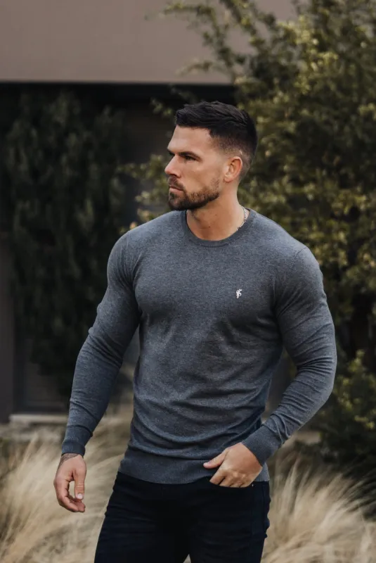 Father Sons Classic Dark Grey Light Weight Knitted Crew Neck Sweater with Metal Decal - FSN096 sold by Father Sons