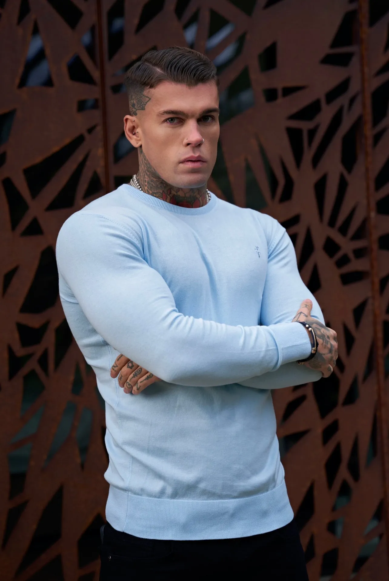 Father Sons Classic Sky Blue Light Weight Knitted Crew Neck Sweater with Blue Embroidery - FSN091 sold by Father Sons