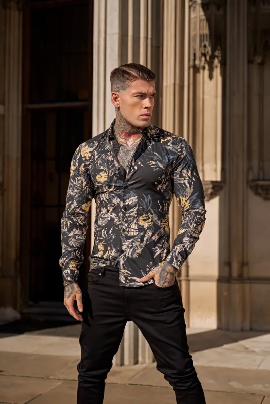 Father Sons Super Slim Stretch Dark Jungle Print Long Sleeve with Button Down Collar - FS906 sold by Father Sons