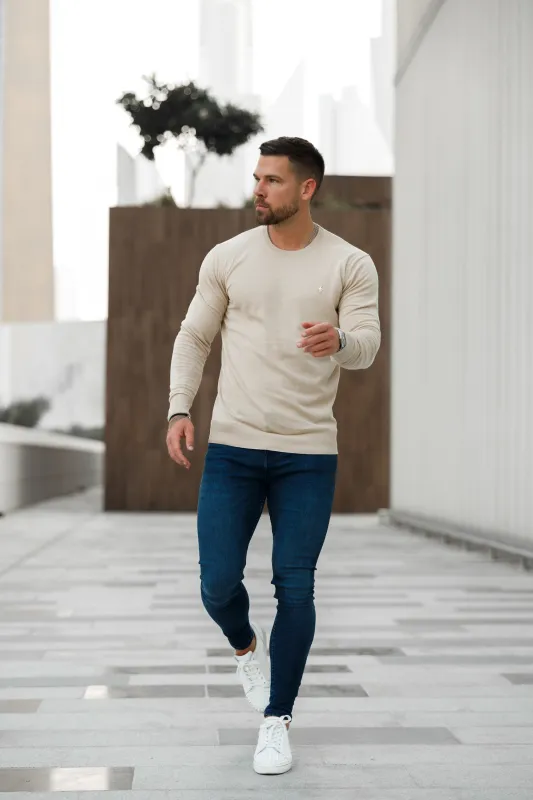 Father Sons Classic Beige Light Weight Knitted Crew Neck Sweater with Gold Metal Decal - FSN093 sold by Father Sons
