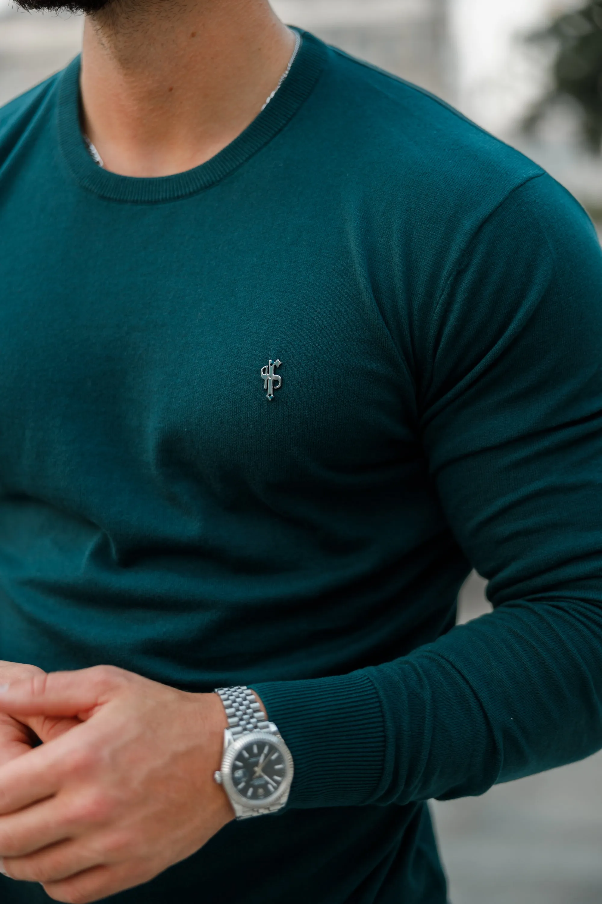 Father Sons Classic Forest Green Light Weight Knitted Crew Neck Sweater with Metal Decal - FSN095 sold by Father Sons product image thumbnail 4