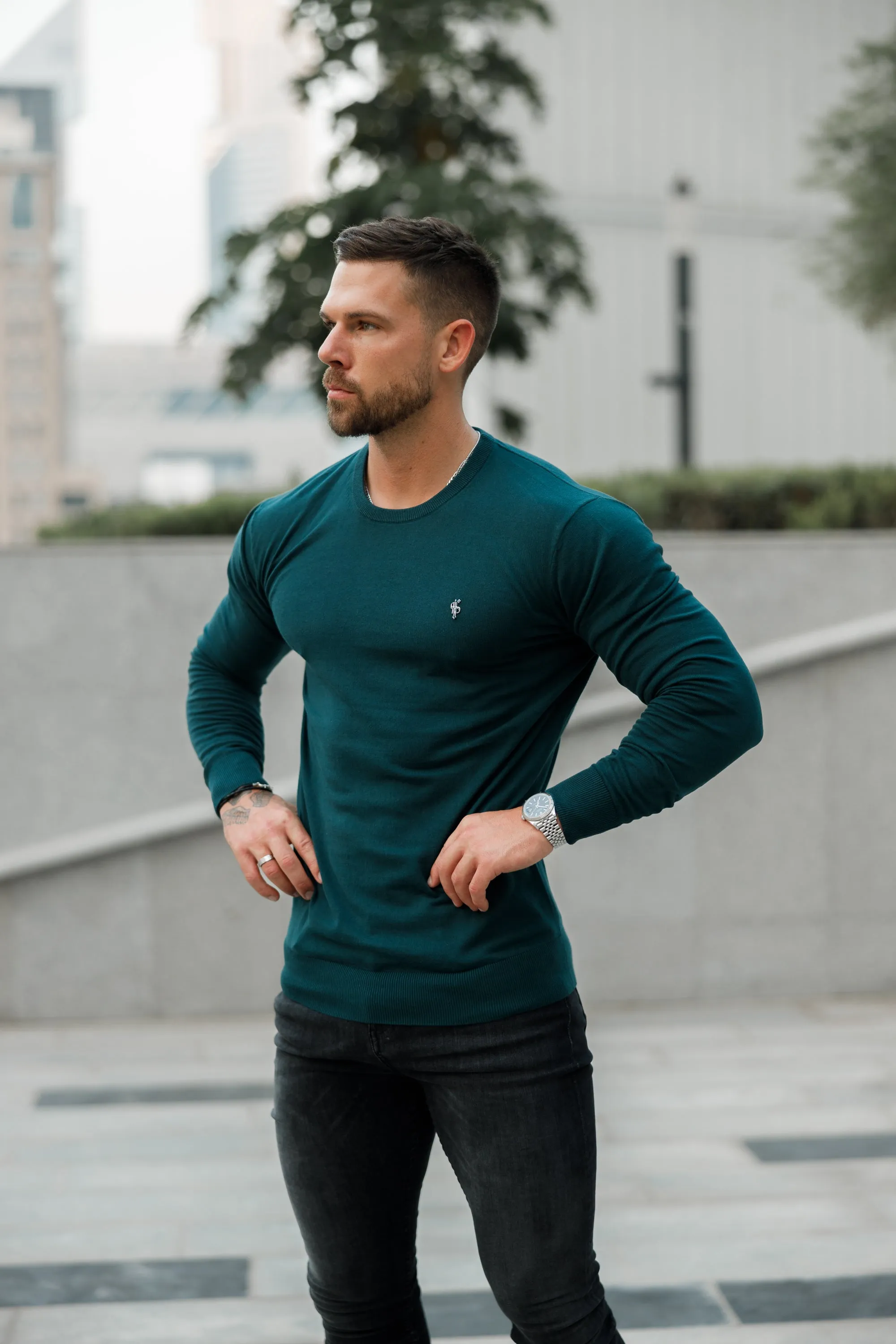 Father Sons Classic Forest Green Light Weight Knitted Crew Neck Sweater with Metal Decal - FSN095 sold by Father Sons product image thumbnail 2