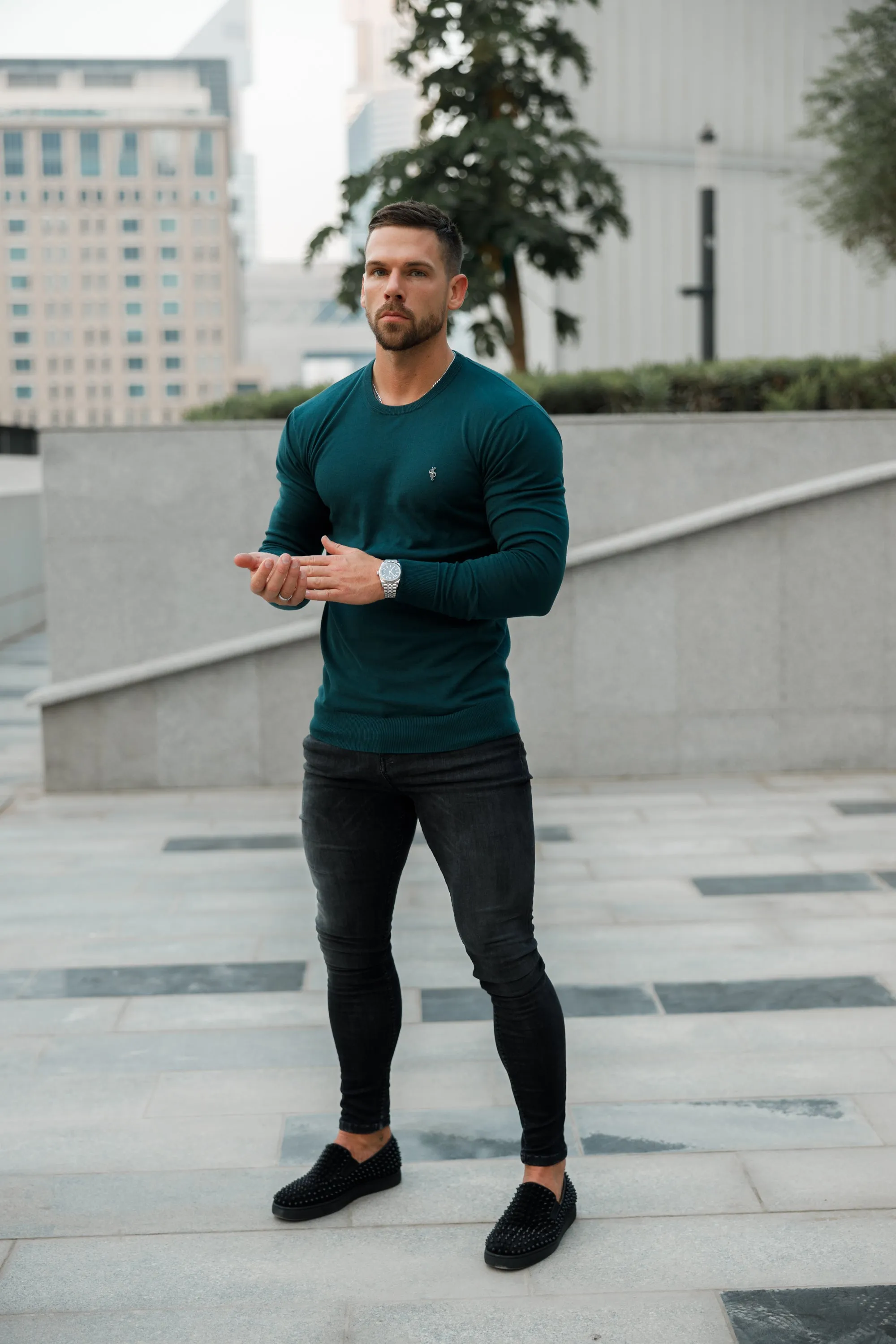 Father Sons Classic Forest Green Light Weight Knitted Crew Neck Sweater with Metal Decal - FSN095 sold by Father Sons product image thumbnail 5