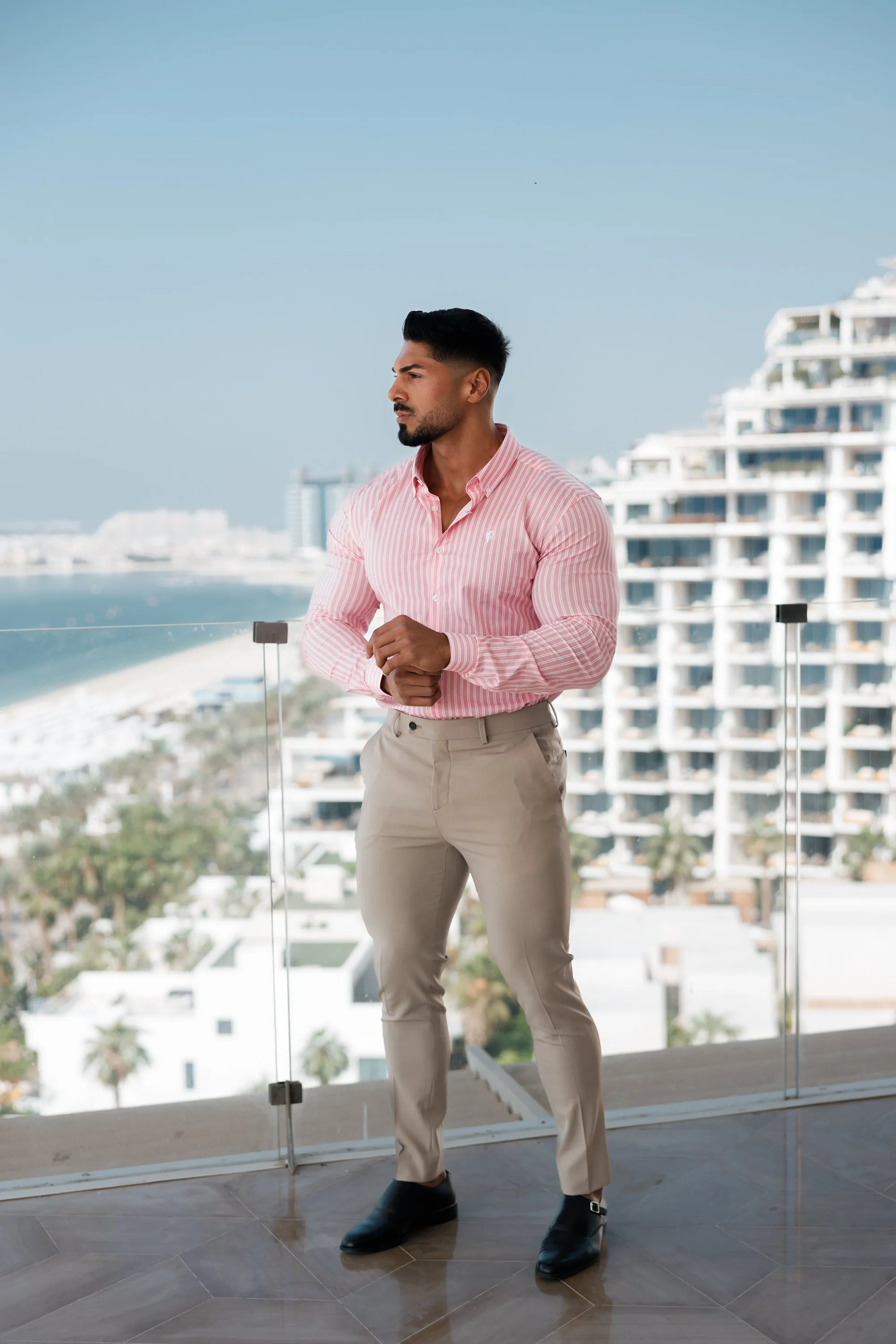 Super Slim Stretch White / Pink Stripe Print Long Sleeve with Button Down Collar - FS888 sold by Father Sons product image thumbnail 3